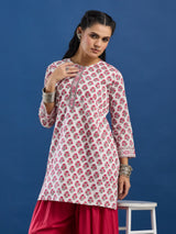 White Floral Hand Block Printed Kurta & Farshi Salwar Set