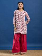White Floral Hand Block Printed Kurta & Farshi Salwar Set