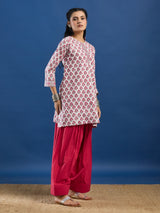 White Floral Hand Block Printed Kurta & Farshi Salwar Set