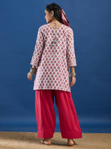 White Floral Hand Block Printed Kurta & Farshi Salwar Set