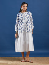 White Sleeveless Cotton Tiered Maxi Dress with Handblock Jacket