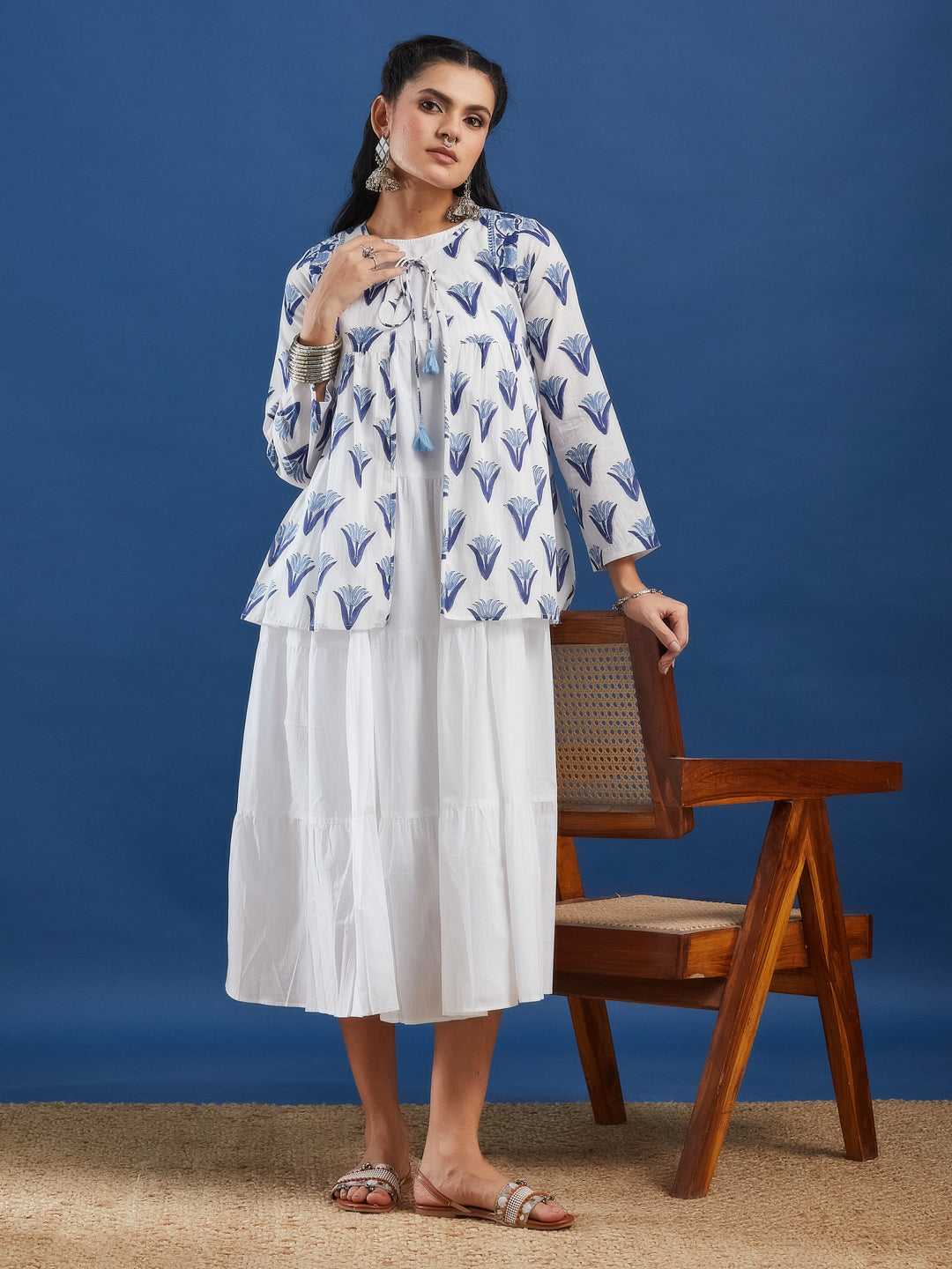 White Sleeveless Cotton Tiered Maxi Dress with Handblock Jacket