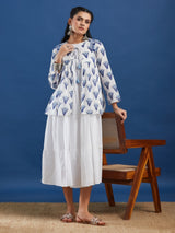 White Sleeveless Cotton Tiered Maxi Dress with Handblock Jacket
