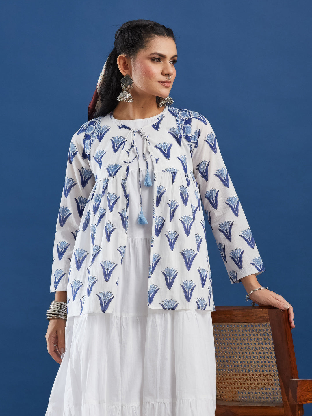 White Sleeveless Cotton Tiered Maxi Dress with Handblock Jacket