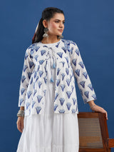 White Sleeveless Cotton Tiered Maxi Dress with Handblock Jacket