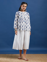 White Sleeveless Cotton Tiered Maxi Dress with Handblock Jacket