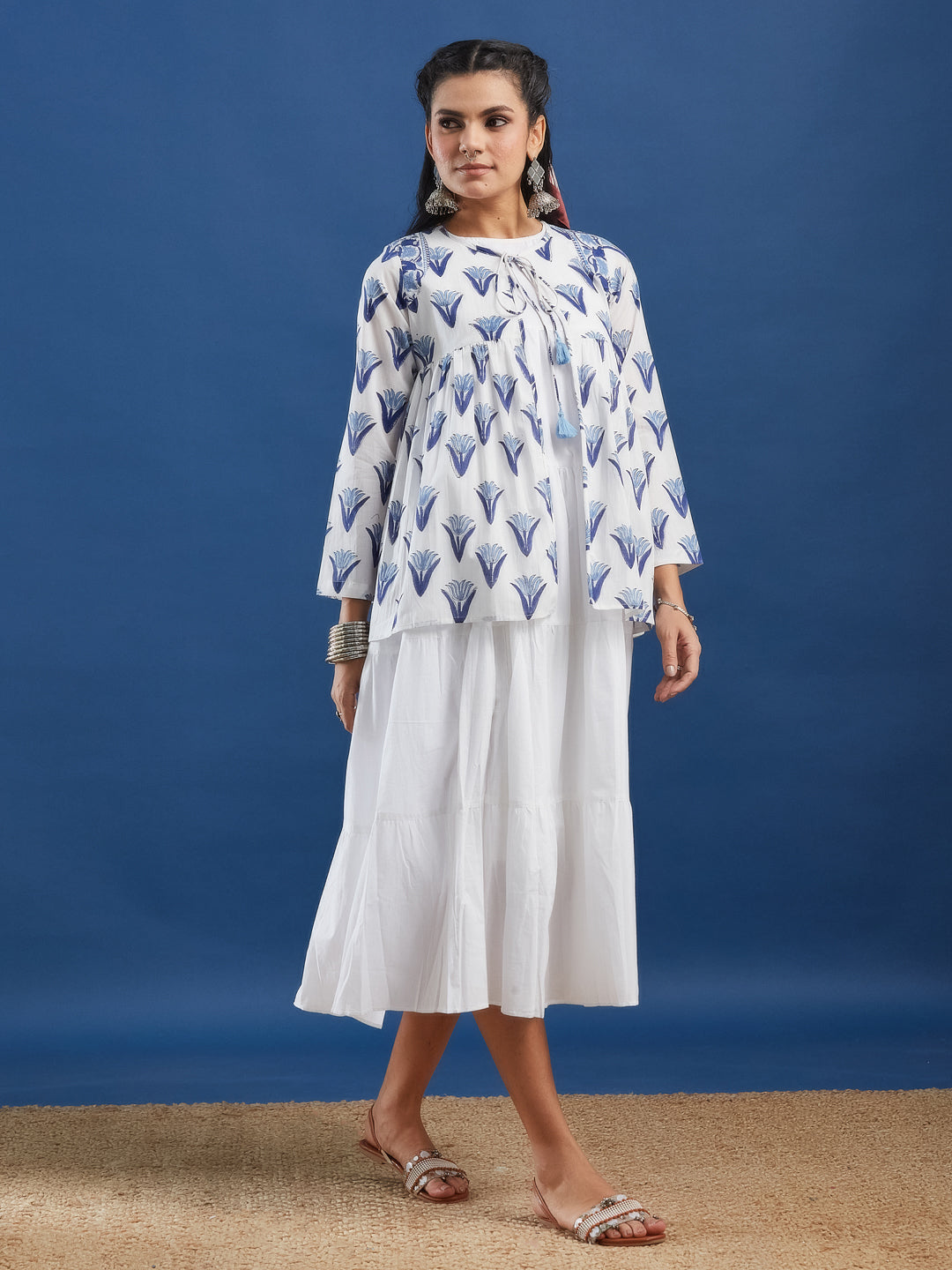 White Sleeveless Cotton Tiered Maxi Dress with Handblock Jacket