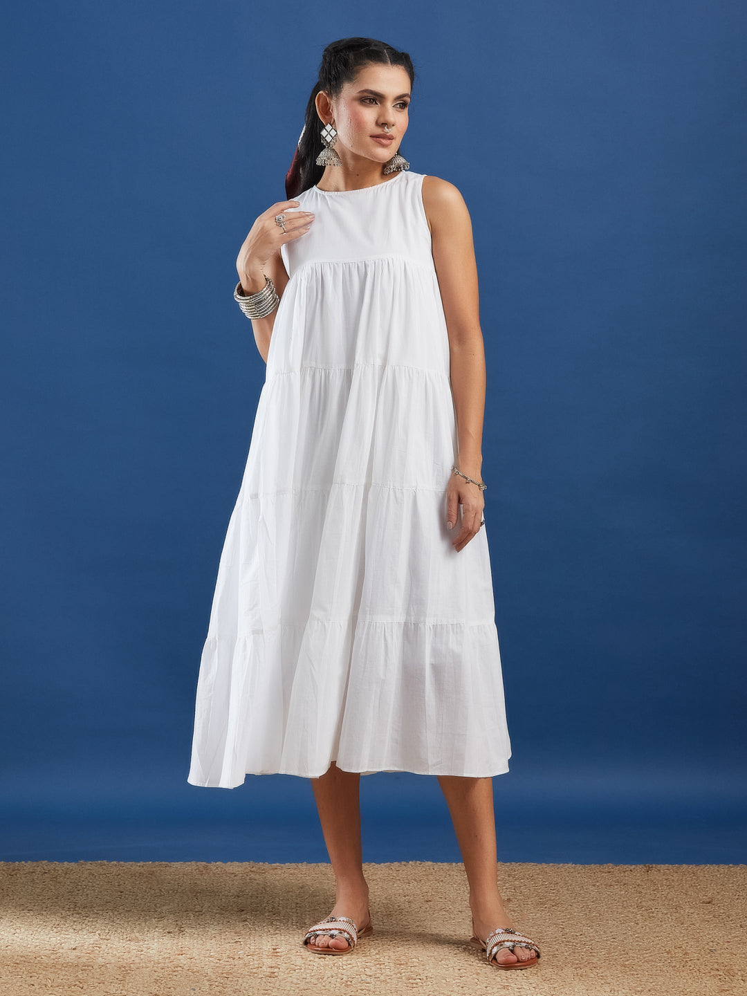 White Sleeveless Cotton Tiered Maxi Dress with Handblock Jacket