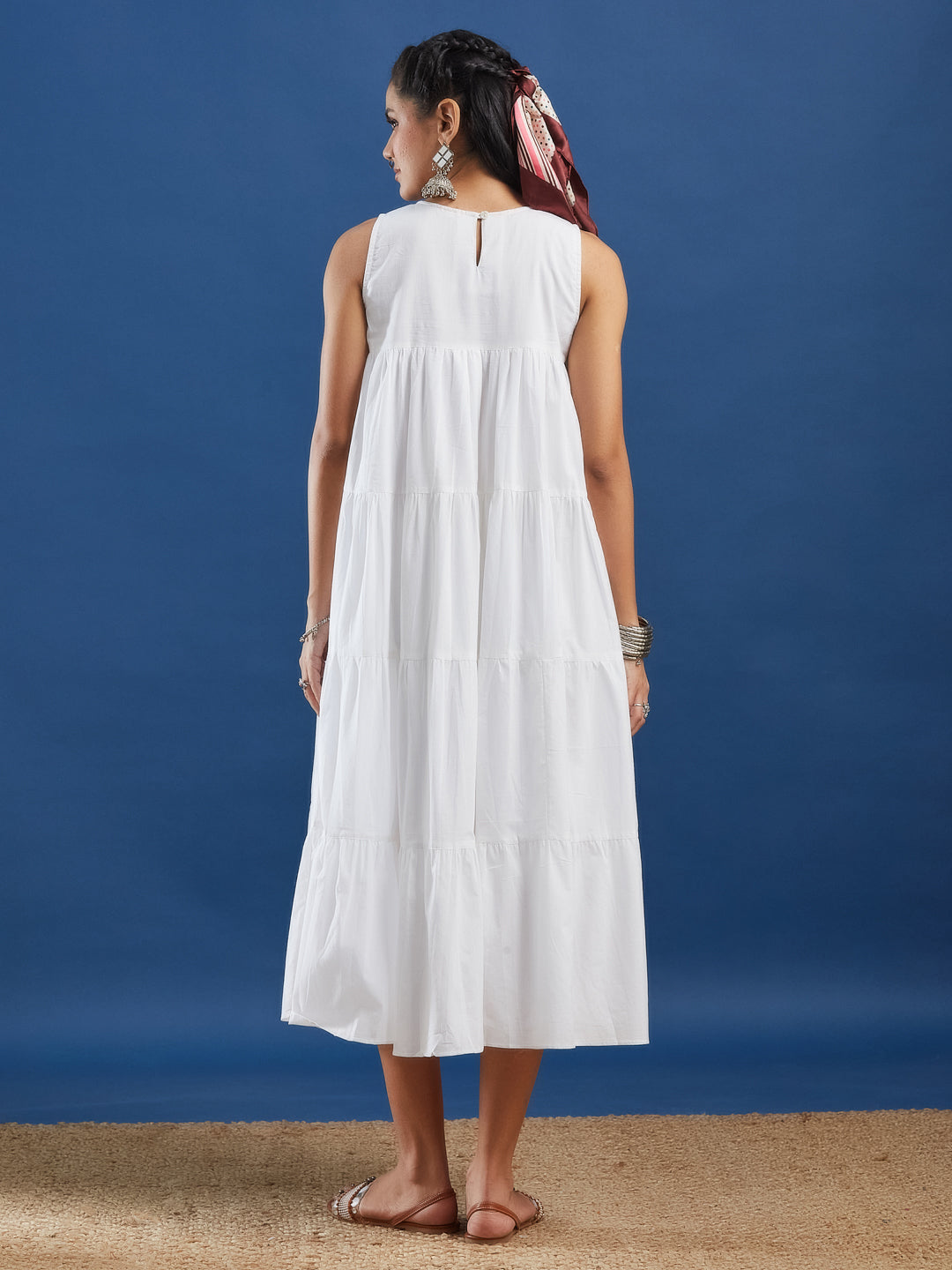 White Sleeveless Cotton Tiered Maxi Dress with Handblock Jacket