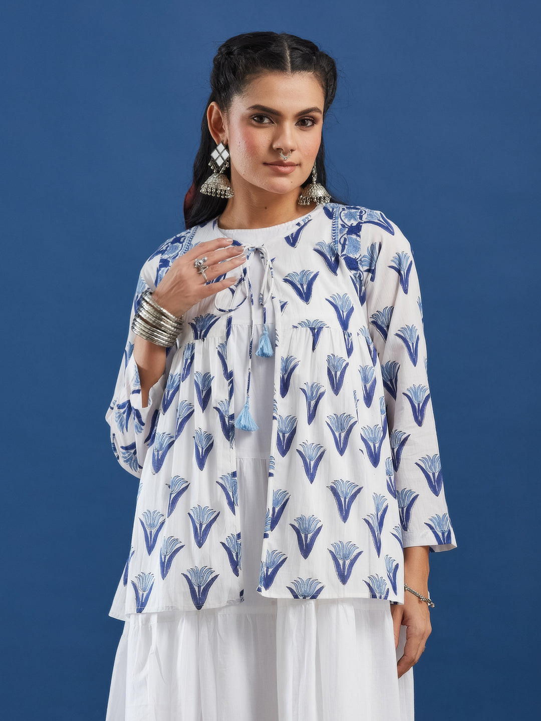 White Sleeveless Cotton Tiered Maxi Dress with Handblock Jacket