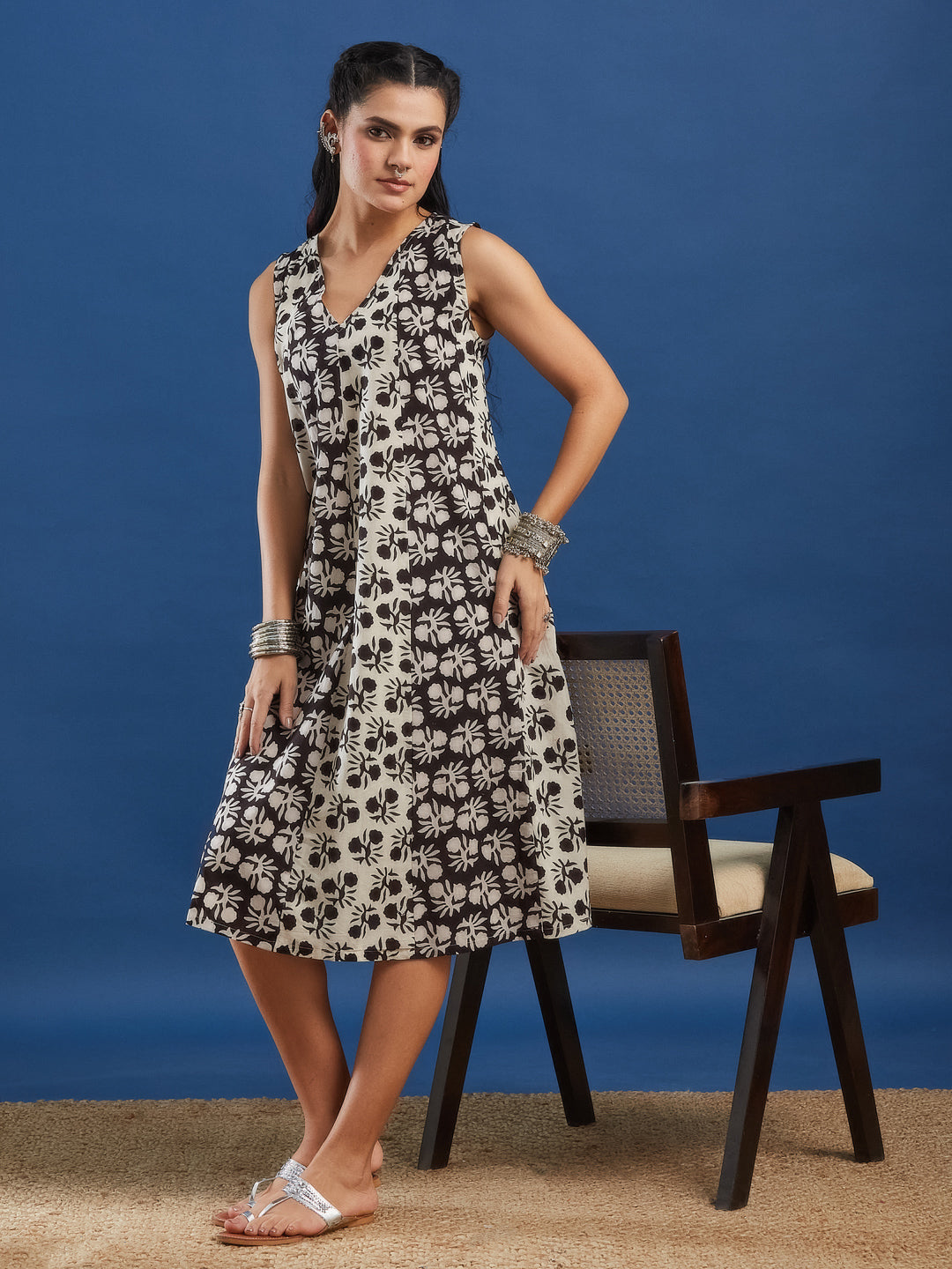 Black Bagru Printed Sleeveless A-Line Dress