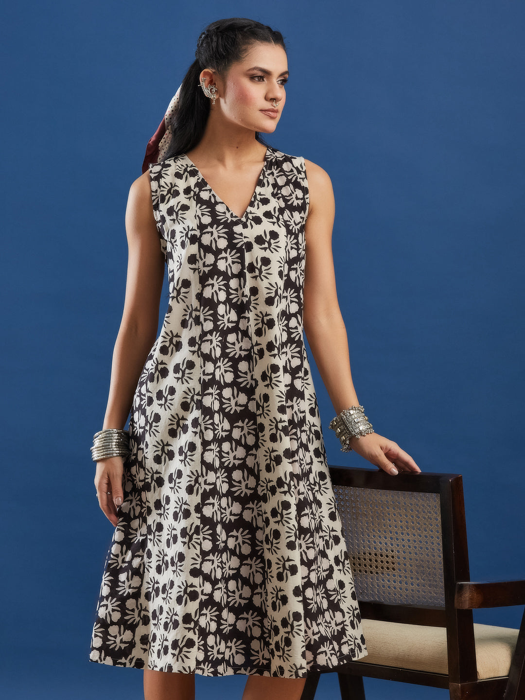Black Bagru Printed Sleeveless A-Line Dress