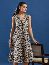 Black Bagru Printed Sleeveless A-Line Dress