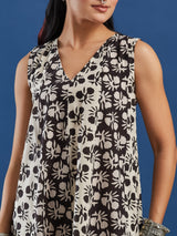 Black Bagru Printed Sleeveless A-Line Dress