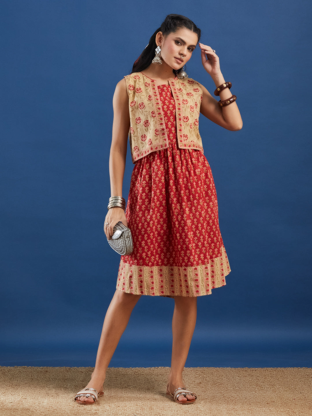 Red Handblock Printed Cotton Dress with Jacket