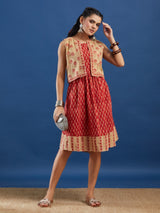 Red Handblock Printed Cotton Dress with Jacket