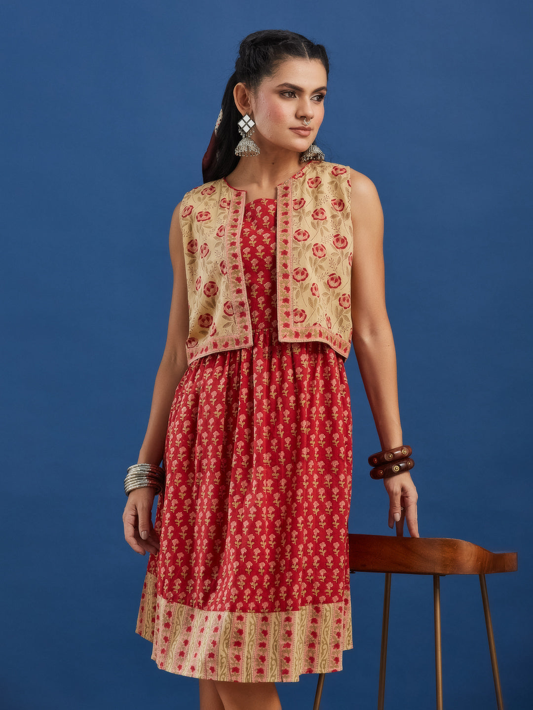 Red Handblock Printed Cotton Dress with Jacket