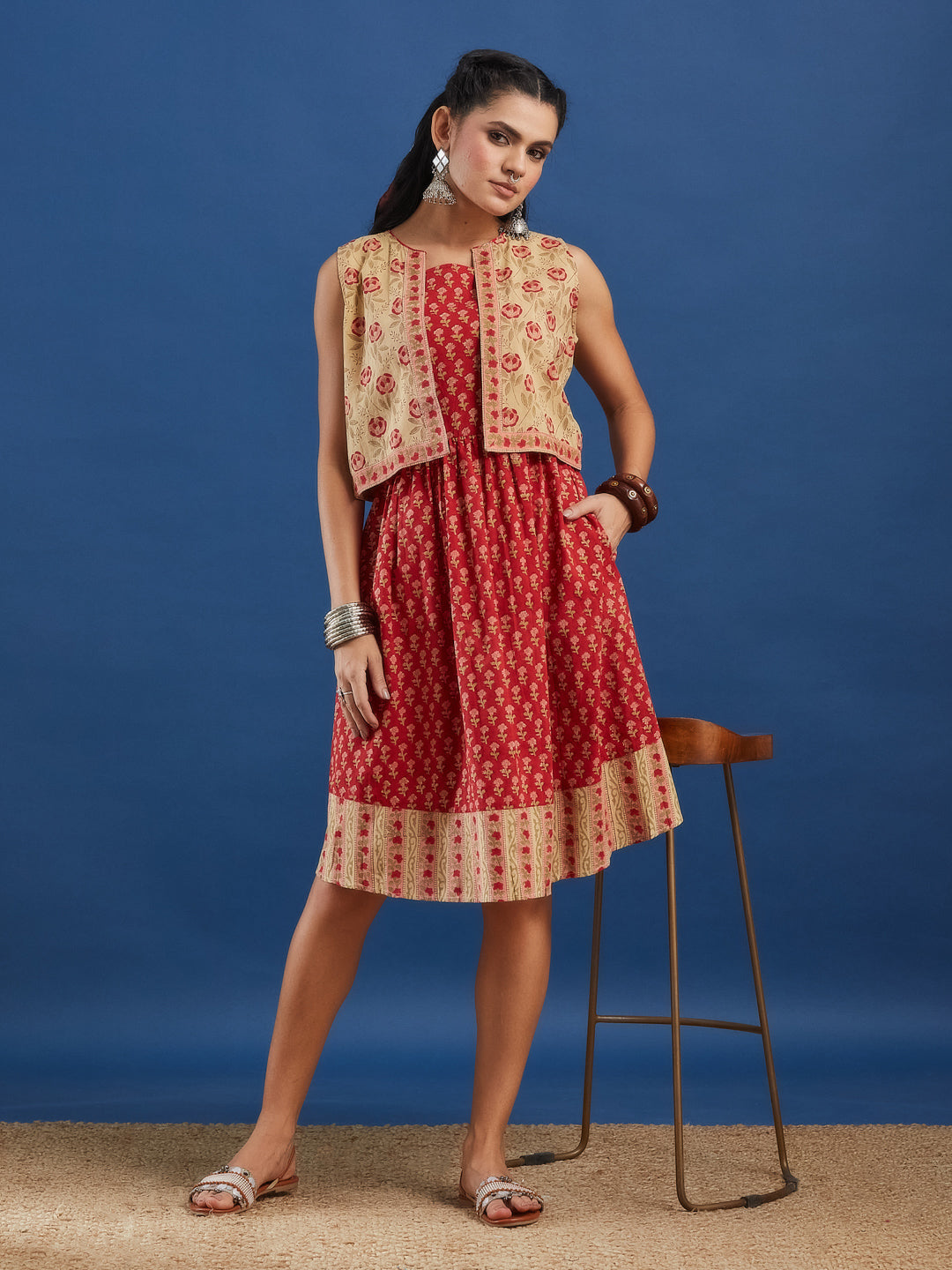 Red Handblock Printed Cotton Dress with Jacket