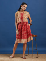 Red Handblock Printed Cotton Dress with Jacket