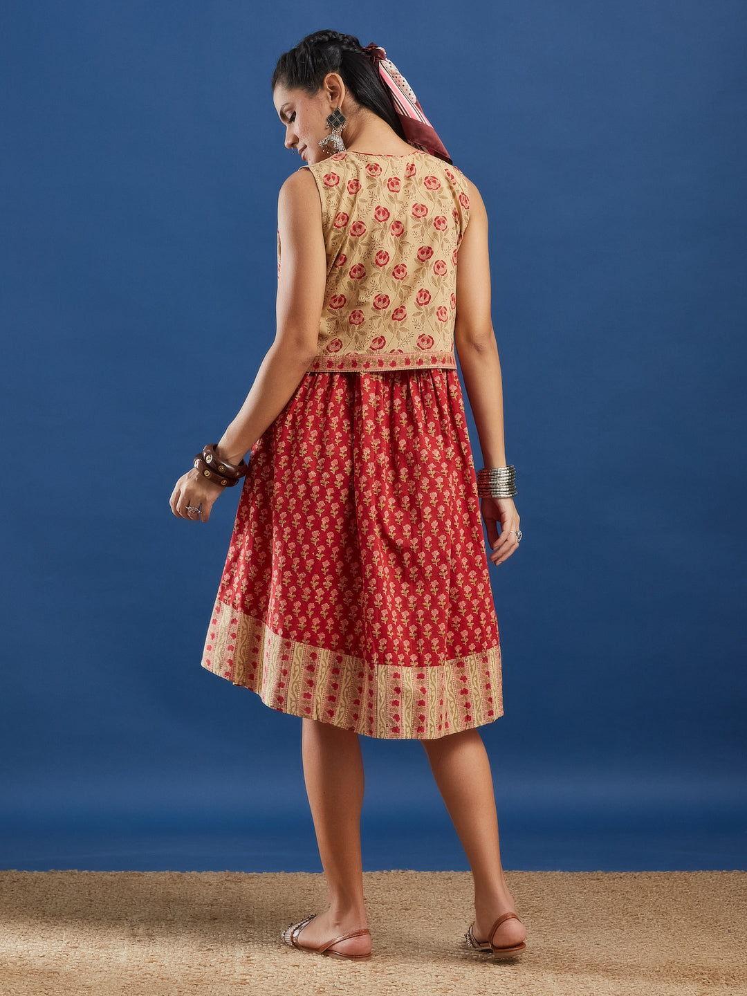 Red Handblock Printed Cotton Dress with Jacket