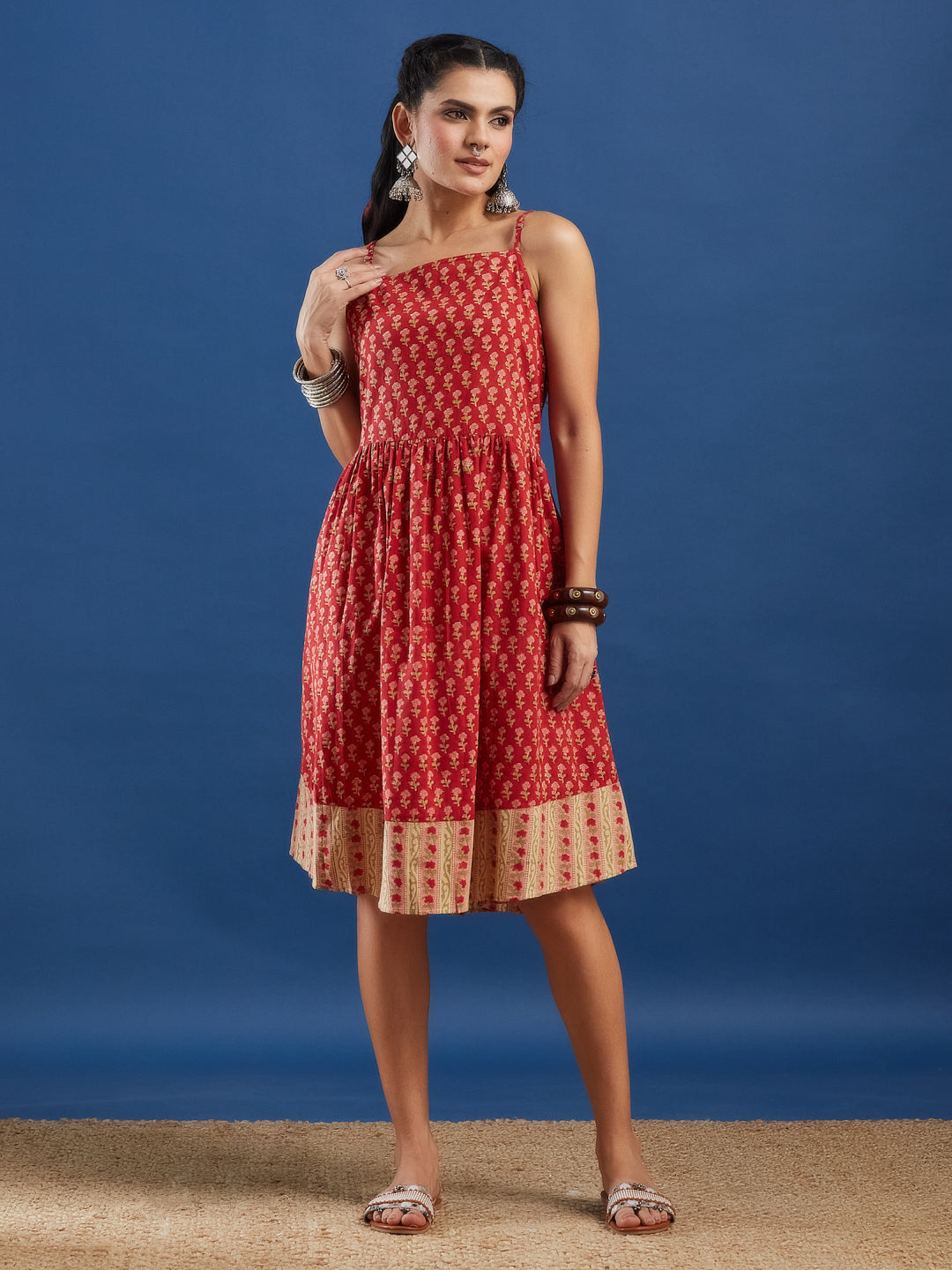Red Handblock Printed Cotton Dress with Jacket