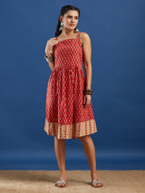 Red Handblock Printed Cotton Dress with Jacket