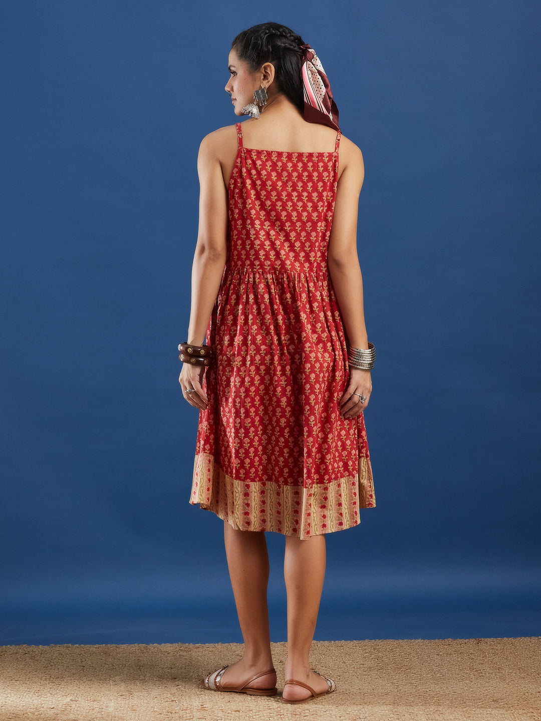 Red Handblock Printed Cotton Dress with Jacket