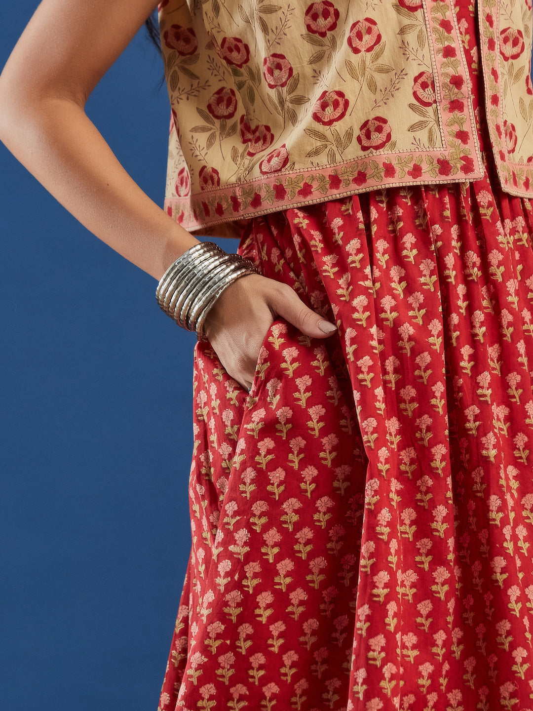 Red Handblock Printed Cotton Dress with Jacket