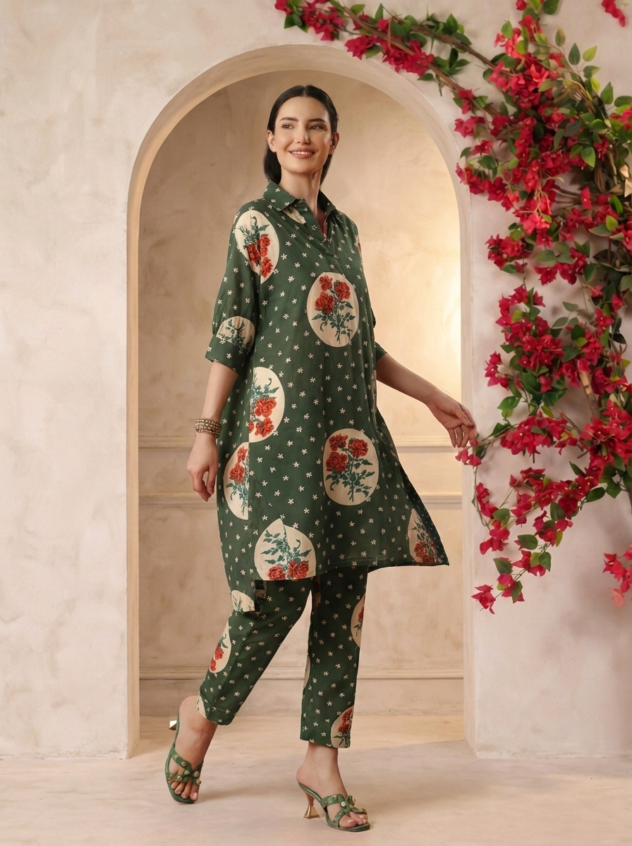 Green Victorian Printed Anti-Fit/Lose-Fit Kurta with Pants