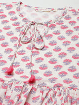 White Print Tie-Up Neck Cotton Cinched Waist Top