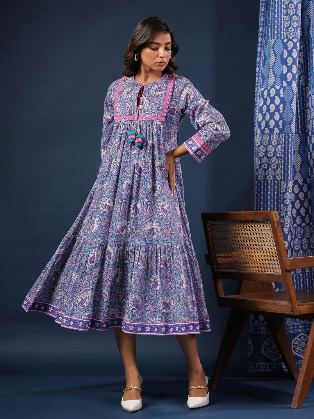 Purple Handblock Printed Flared Dress with Quilted Placket