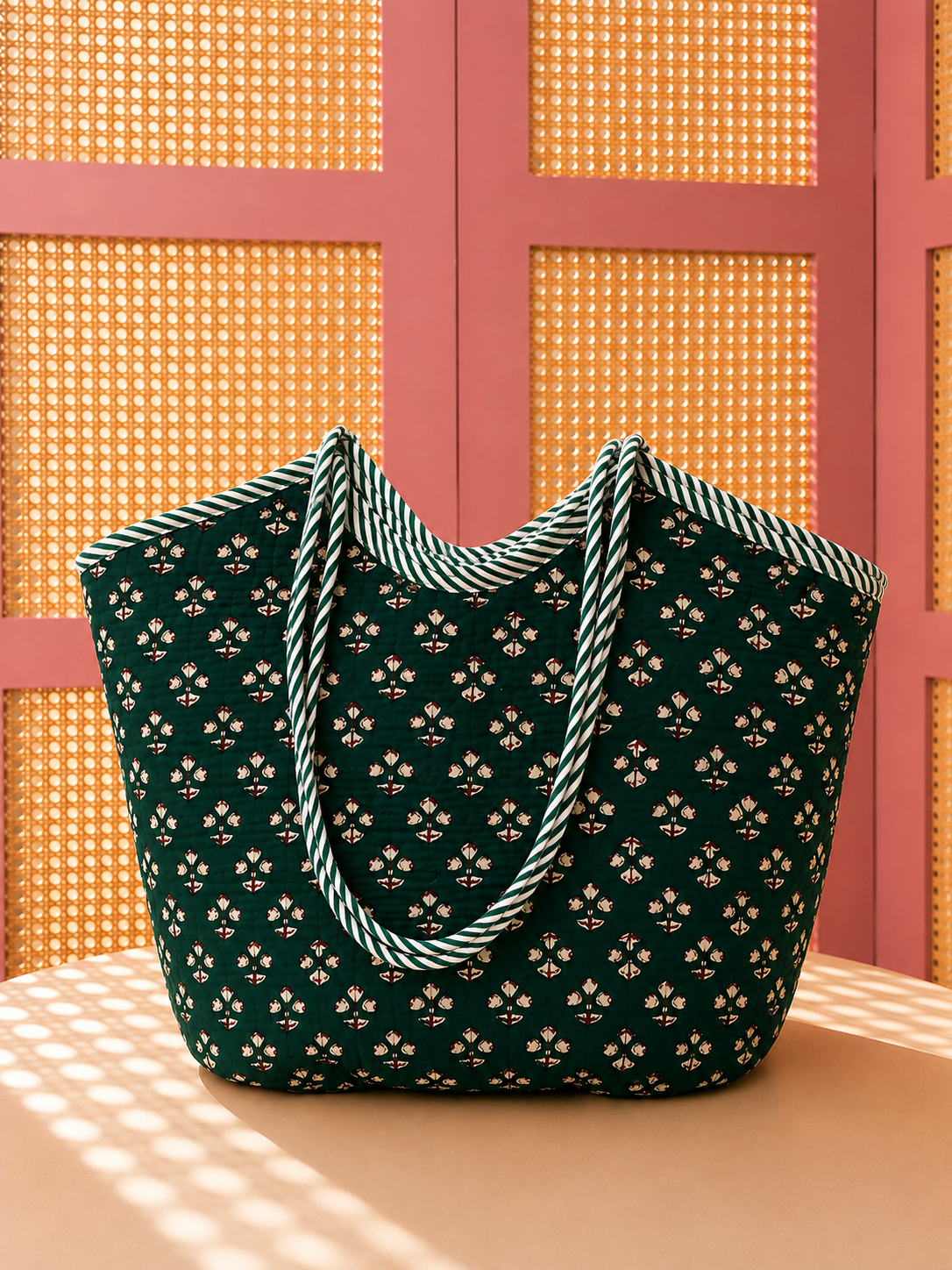 Green Booti Basket Quilted Boho Tote Bag