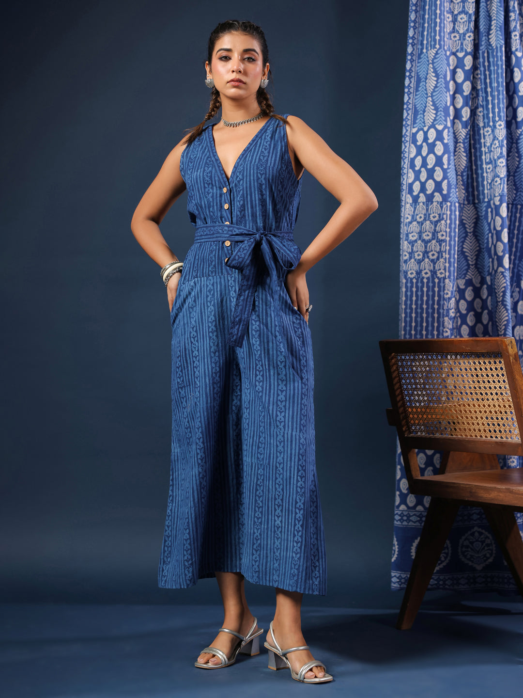 Indigo Breeze Handblock Cotton Jumpsuit