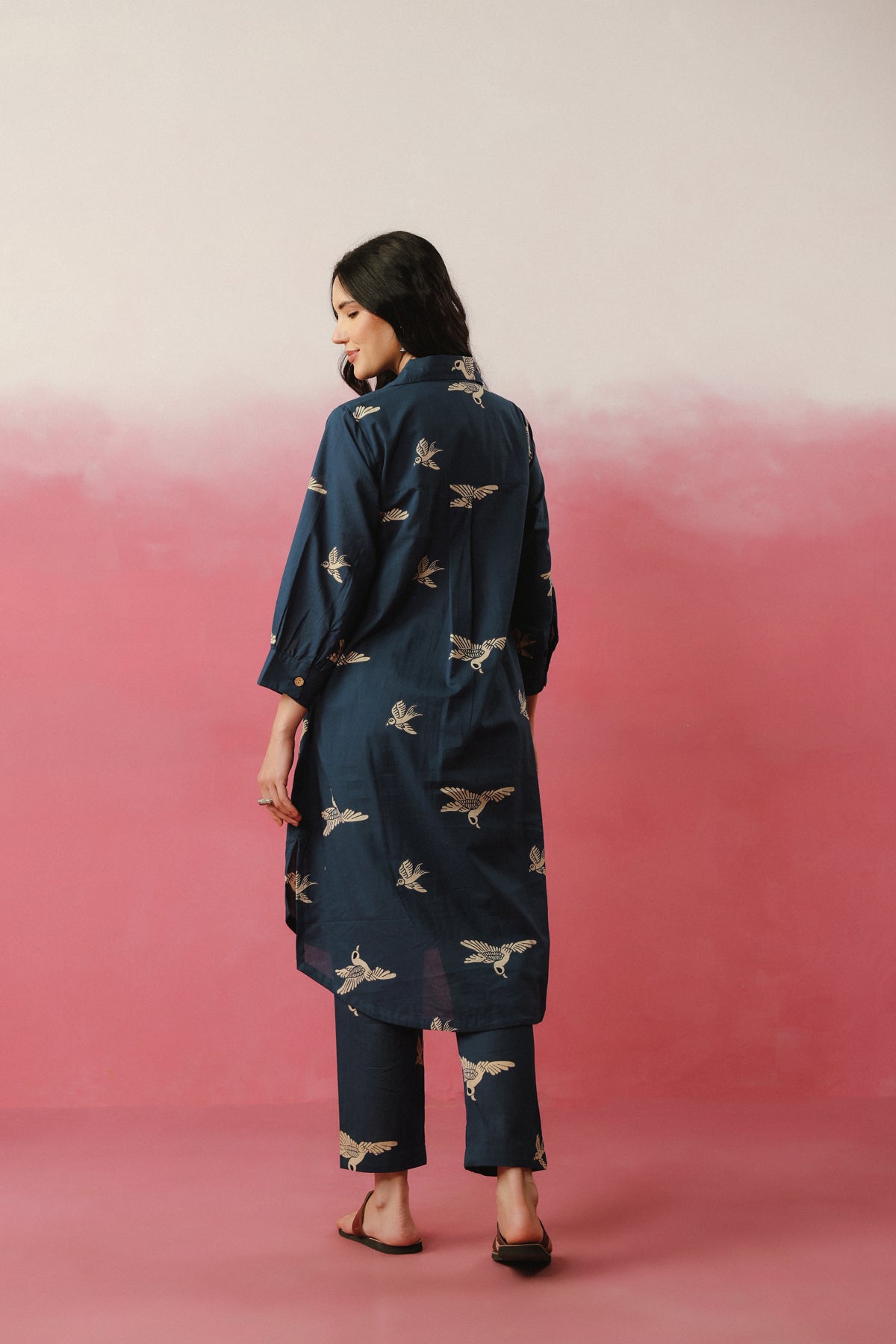 Navy Blue Bird Printed Cotton Co-ord Set