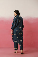 Navy Blue Bird Printed Cotton Co-ord Set