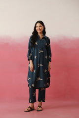 Navy Blue Bird Printed Cotton Co-ord Set