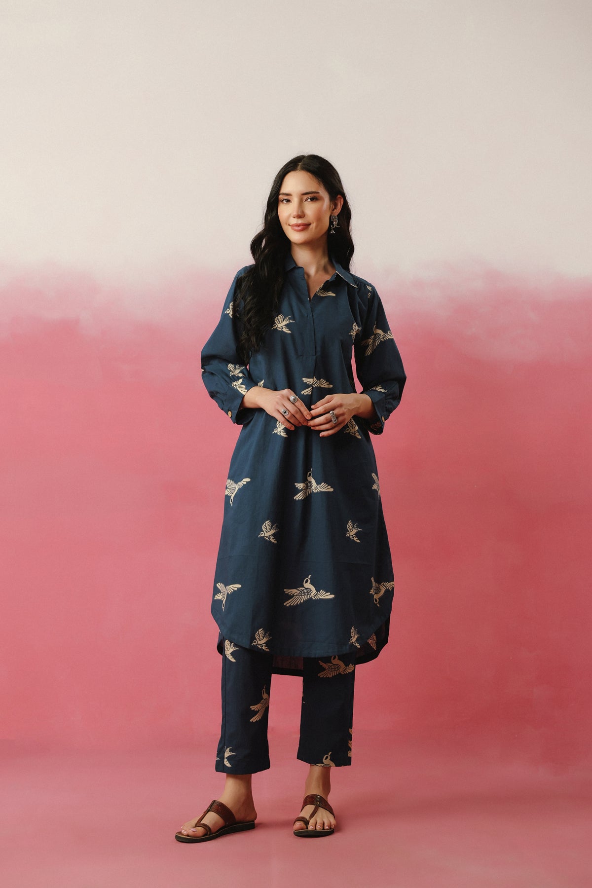 Navy Blue Bird Printed Cotton Co-ord Set
