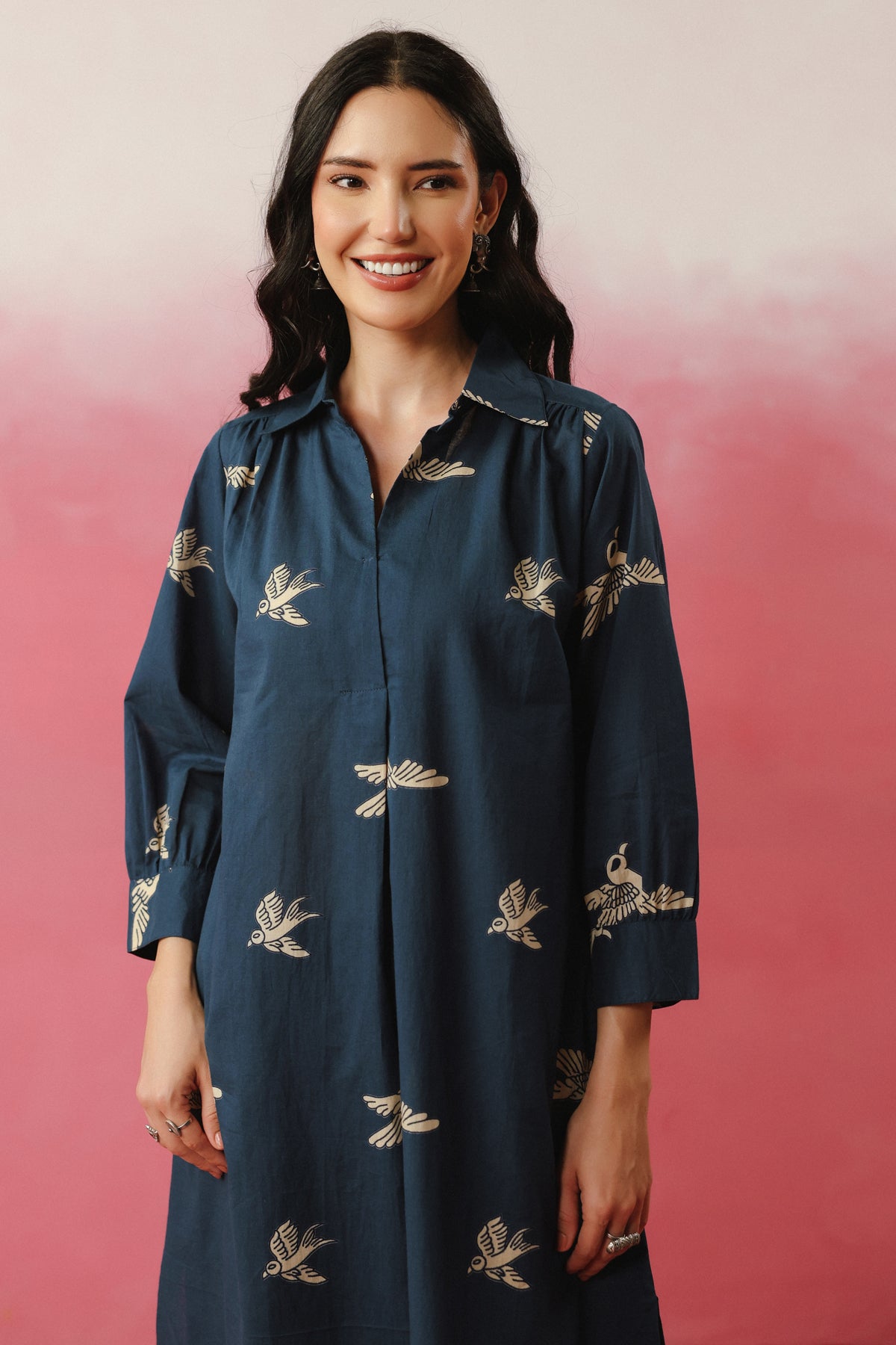 Navy Blue Bird Printed Cotton Co-ord Set