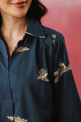 Navy Blue Bird Printed Cotton Co-ord Set