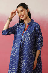 Blue Bandhej Anti-Fit/Lose-Fit Kurta with Pants