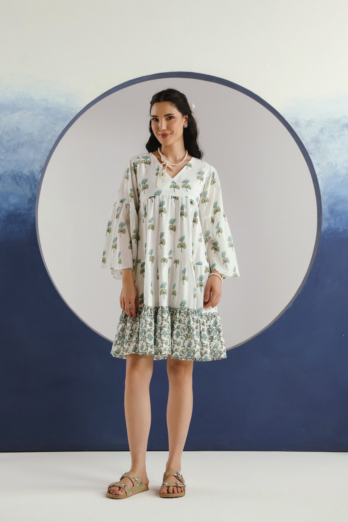 White & Green Floral Printed V-Neck Cotton Short Dress