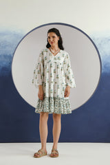White & Green Floral Printed V-Neck Cotton Short Dress