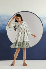 White & Green Floral Printed V-Neck Cotton Short Dress