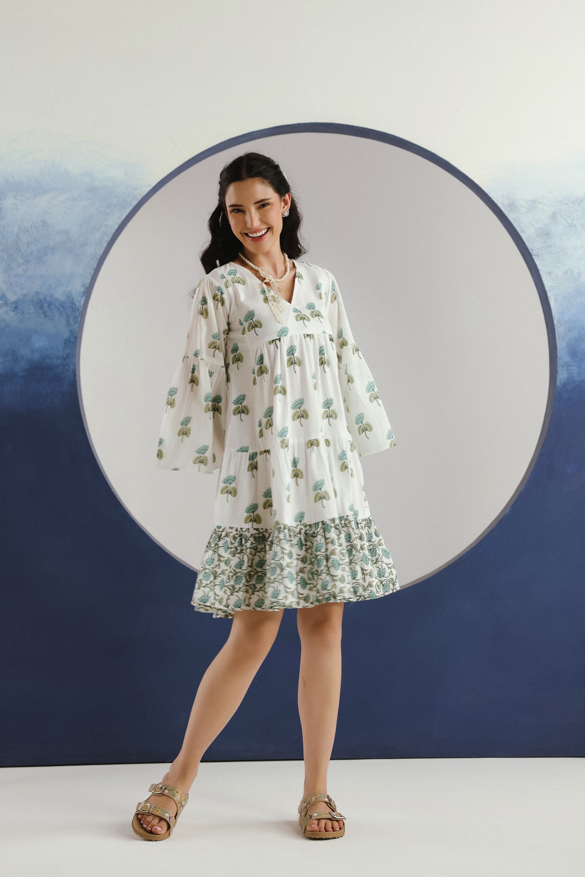 White & Green Floral Printed V-Neck Cotton Short Dress
