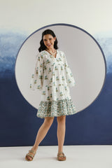 White & Green Floral Printed V-Neck Cotton Short Dress