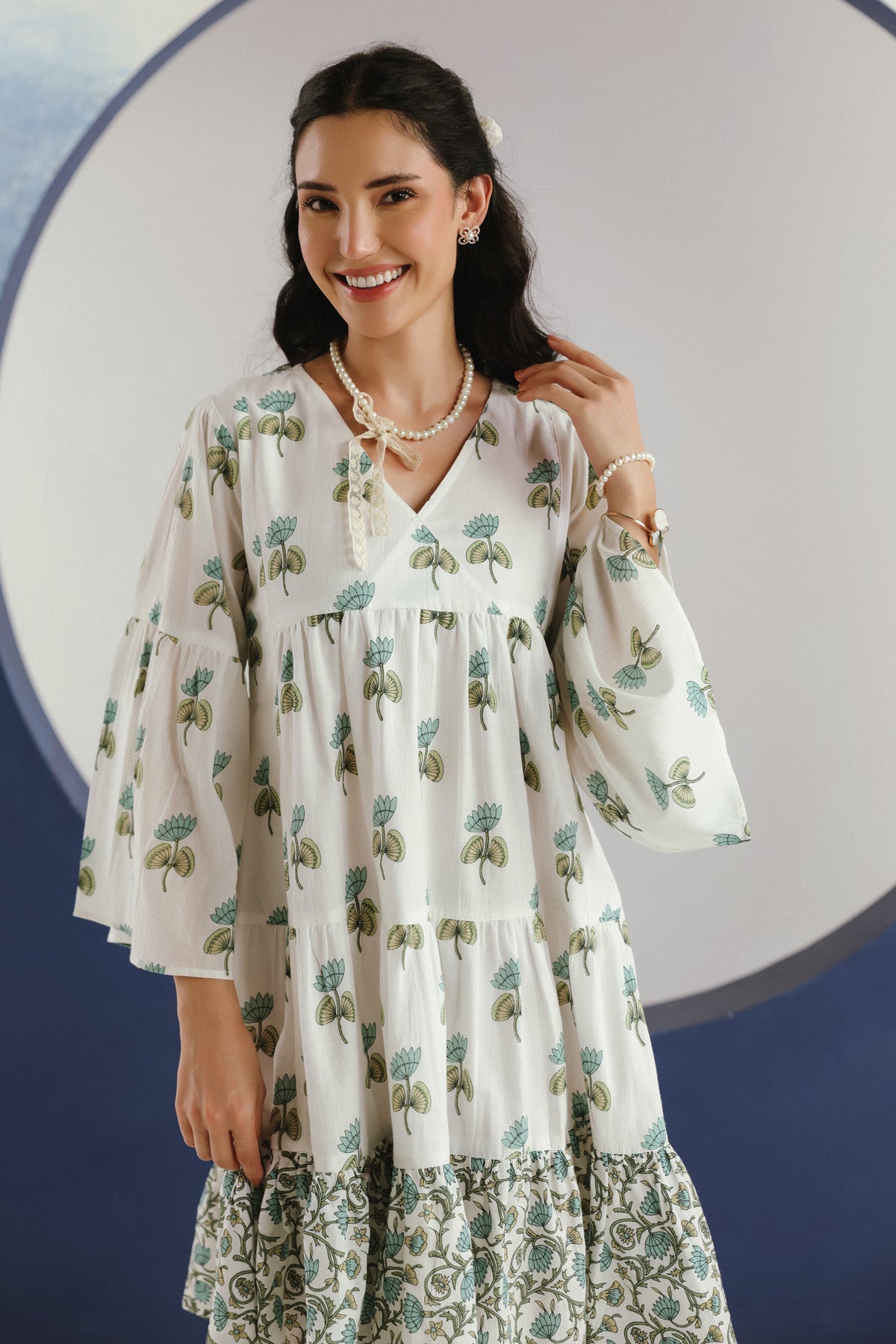 White & Green Floral Printed V-Neck Cotton Short Dress