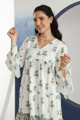 White & Green Floral Printed V-Neck Cotton Short Dress