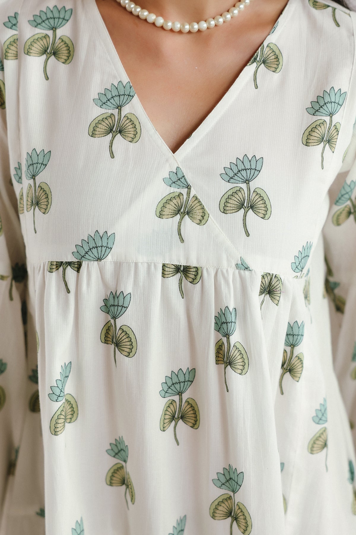 White & Green Floral Printed V-Neck Cotton Short Dress