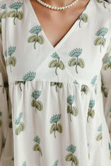 White & Green Floral Printed V-Neck Cotton Short Dress