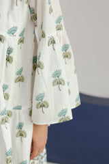 White & Green Floral Printed V-Neck Cotton Short Dress